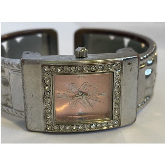 Silver Tone Pink Dial Monkey and Crystals Womens Cuff Watch Bracelet New Battery - Picture 3 of 10